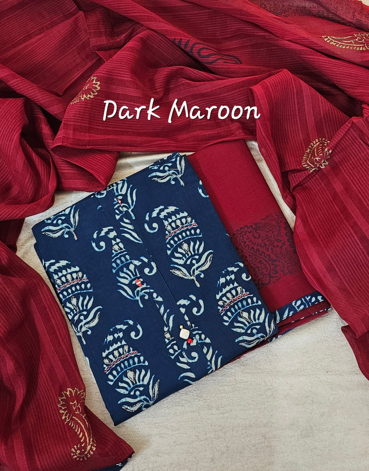 Cotton - Indigo Blue with Dark Maroon