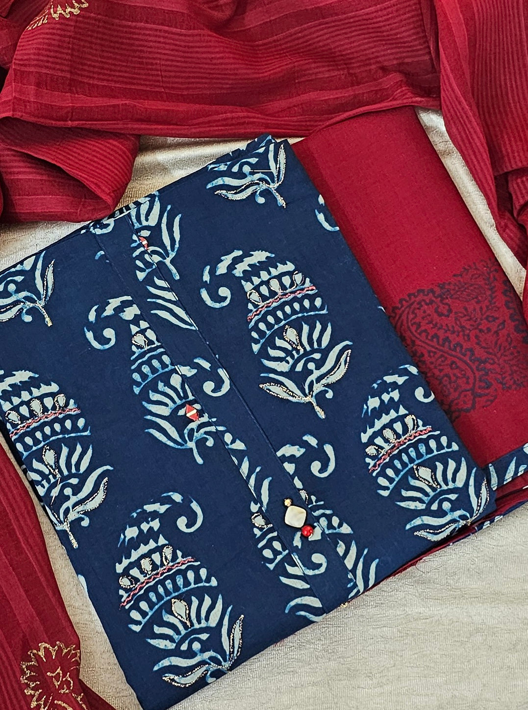 Cotton - Indigo Blue with Dark Maroon