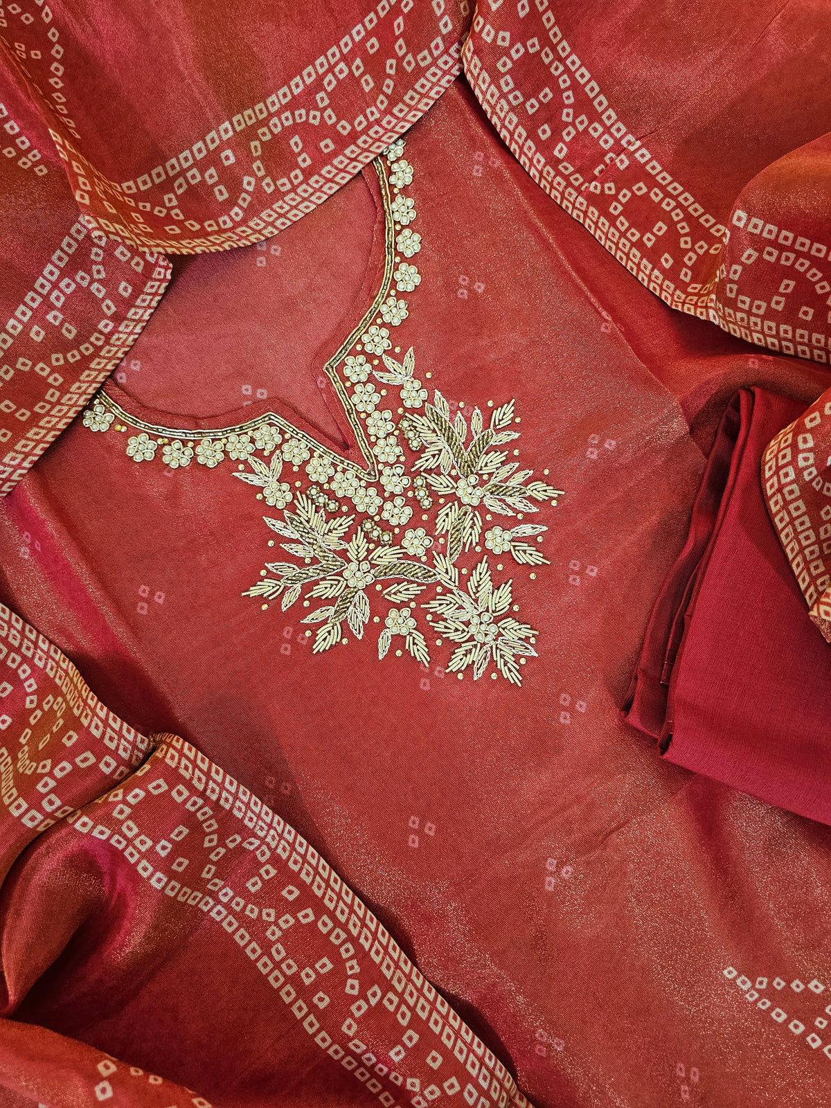 Bandhini Prints in Unstitched Salwar - Dual Shade Pink