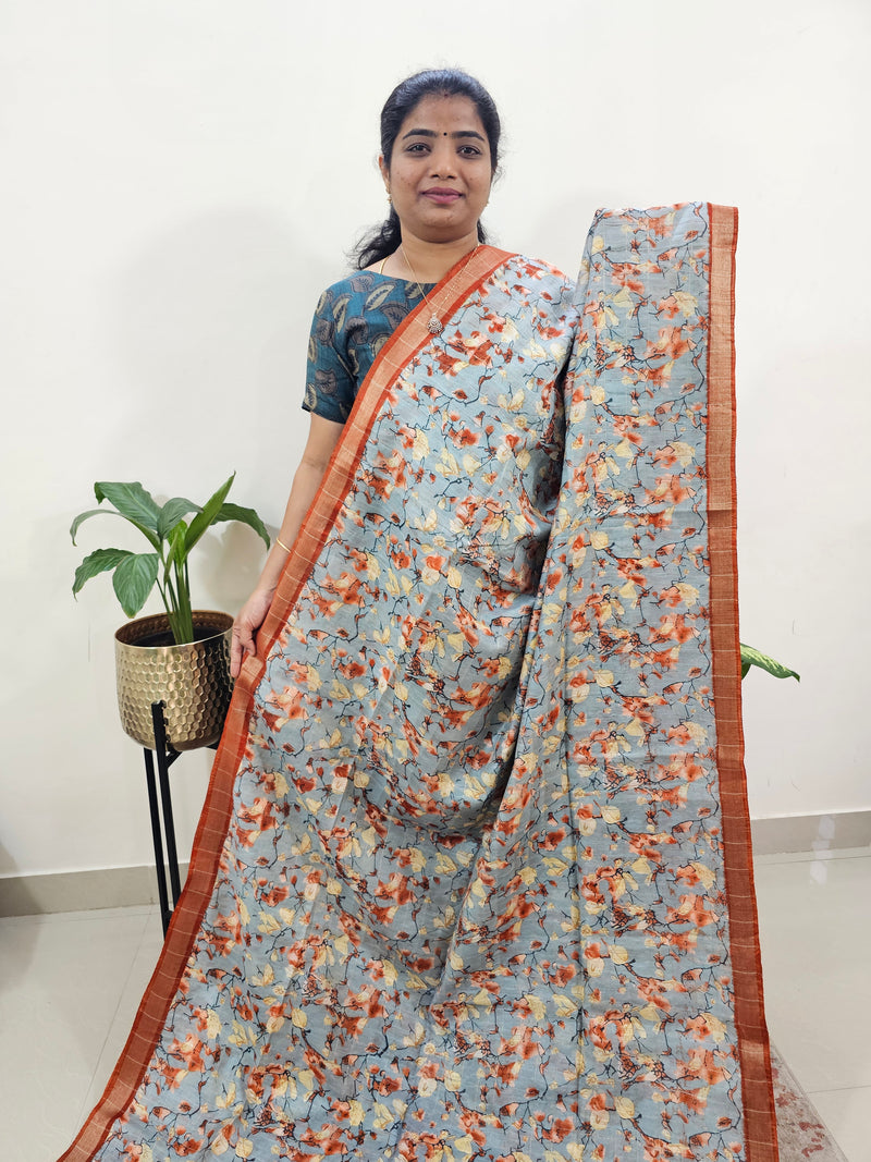 Tussar by Cotton Kalamkari- Grey with Orange