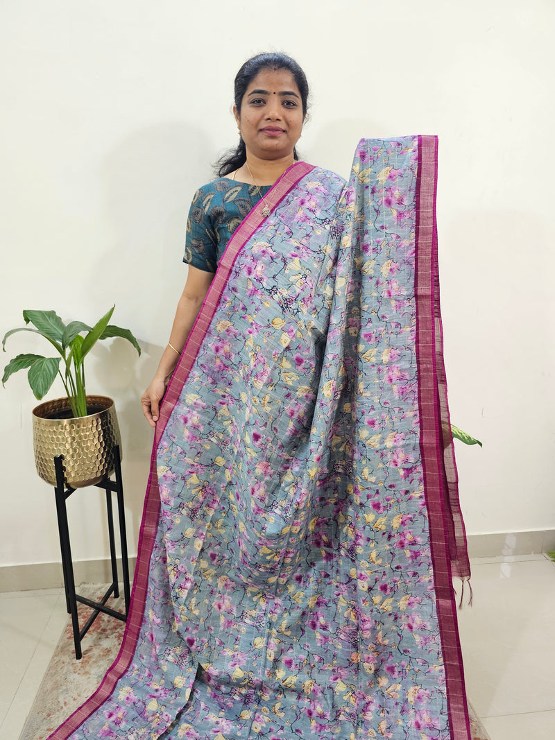 Tussar by Cotton Kalamkari-Grey with Magenta Pink