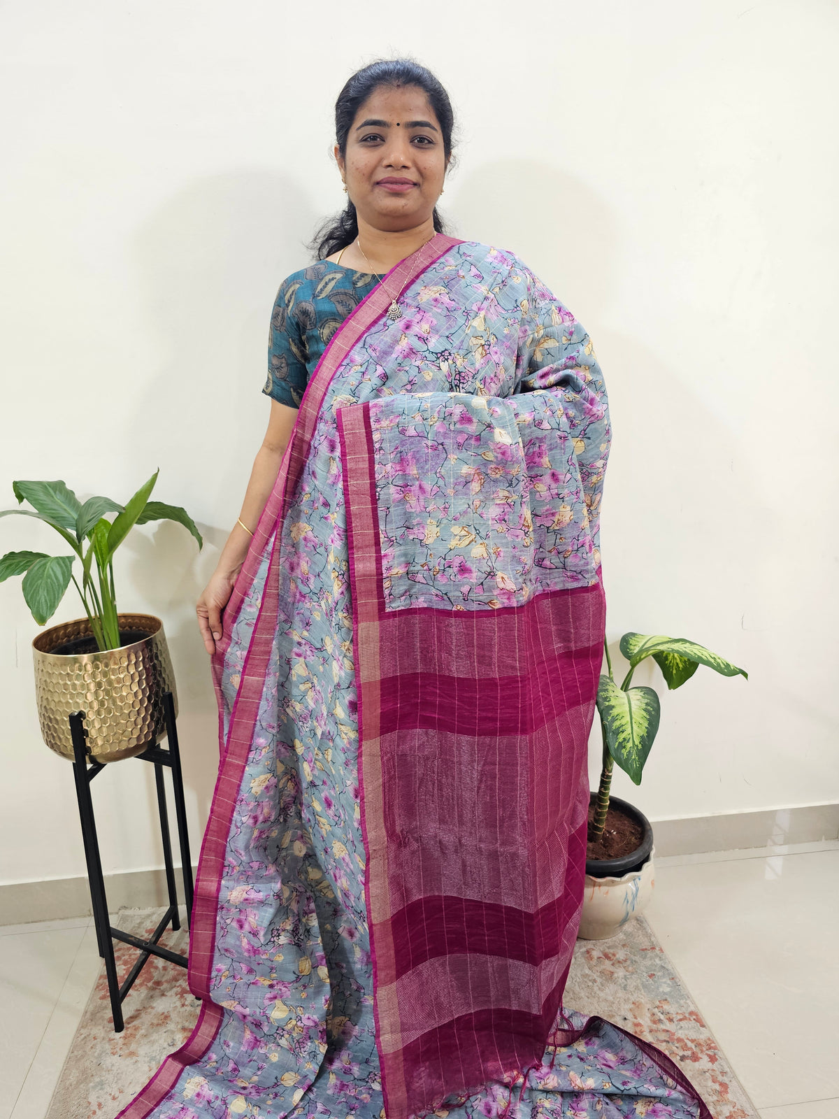 Tussar by Cotton Kalamkari-Grey with Magenta Pink