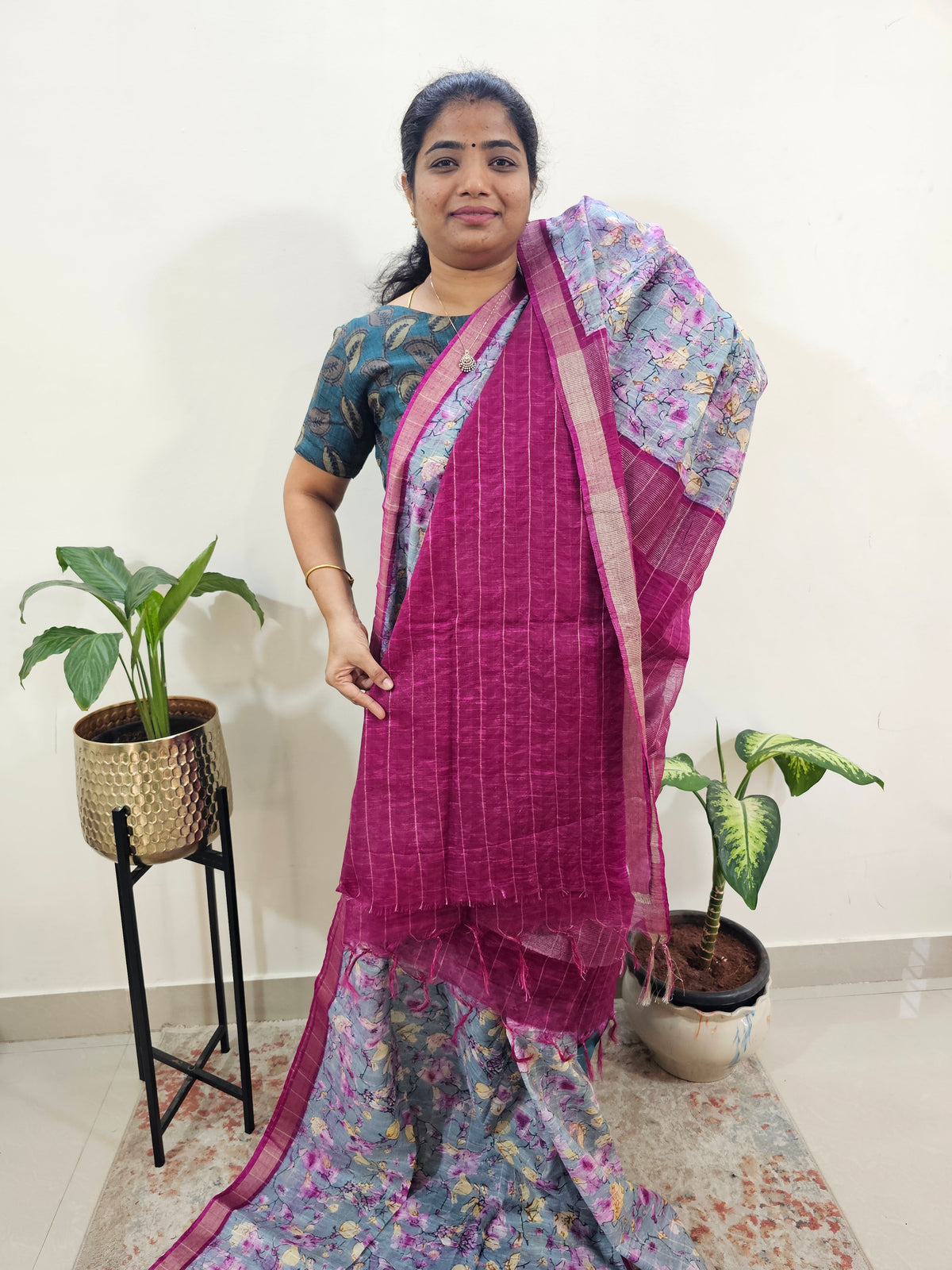 Tussar by Cotton Kalamkari-Grey with Magenta Pink