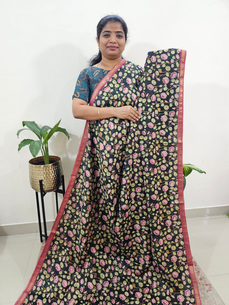 Tussar by Cotton Kalamkari- Black with Magenta Pink