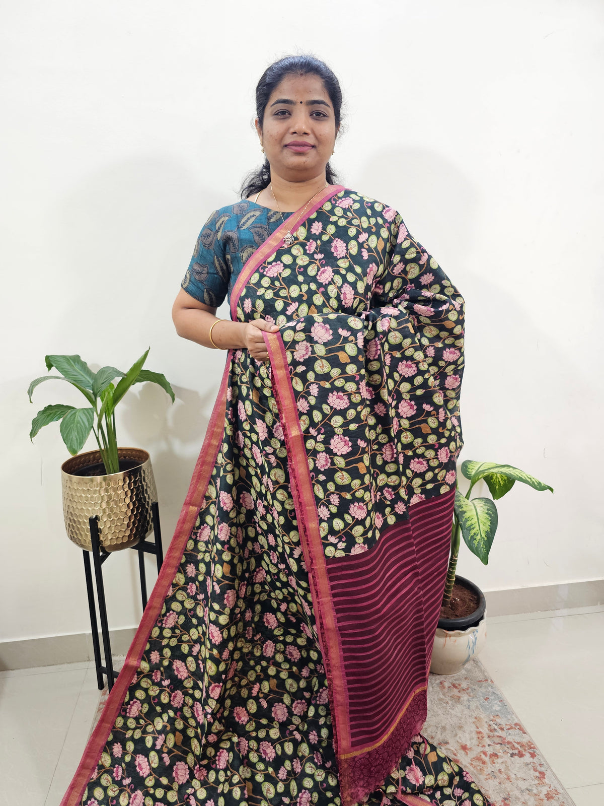 Tussar by Cotton Kalamkari- Black with Magenta Pink