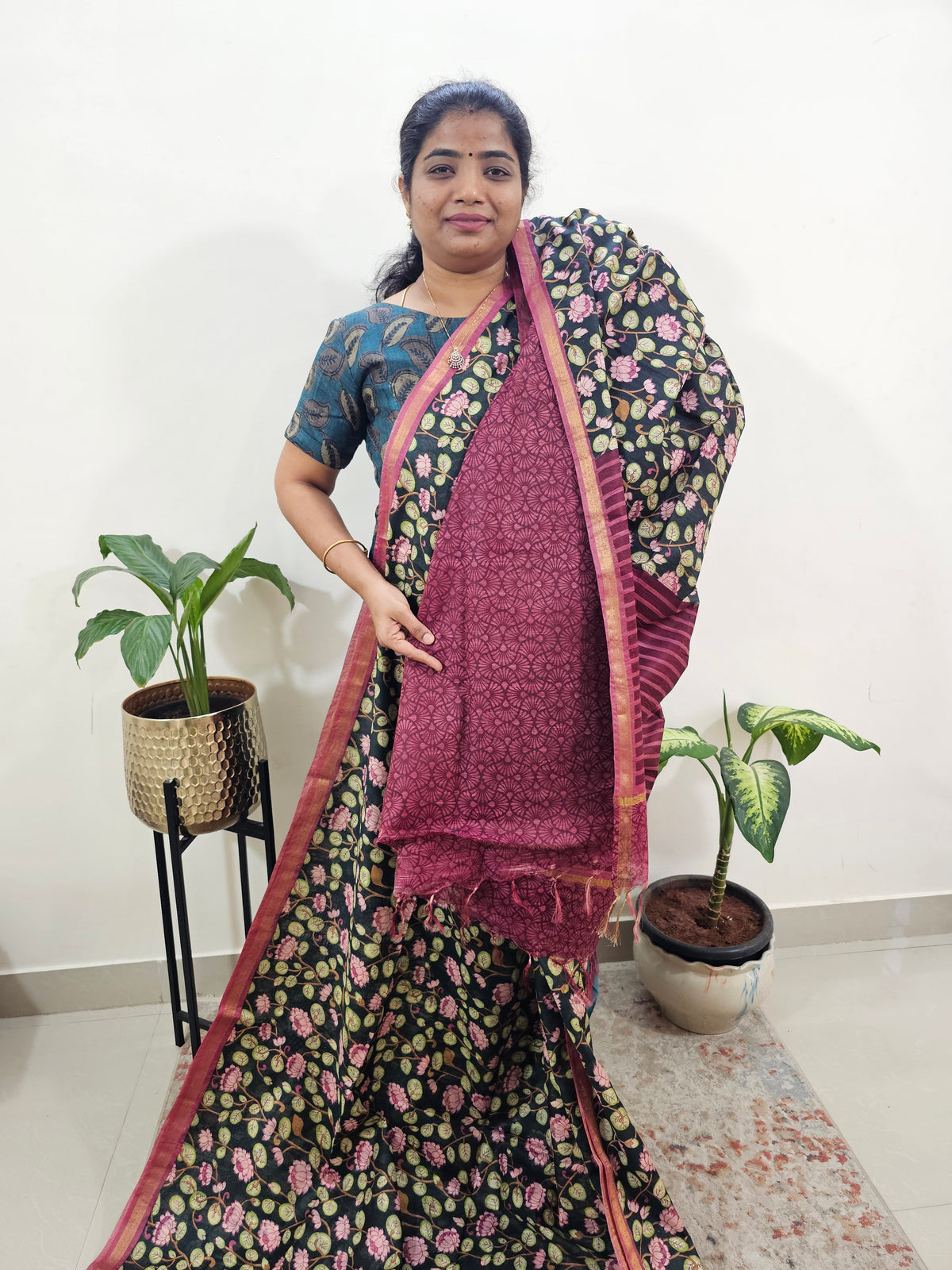 Tussar by Cotton Kalamkari- Black with Magenta Pink