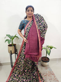 Tussar by Cotton Kalamkari- Black with Magenta Pink