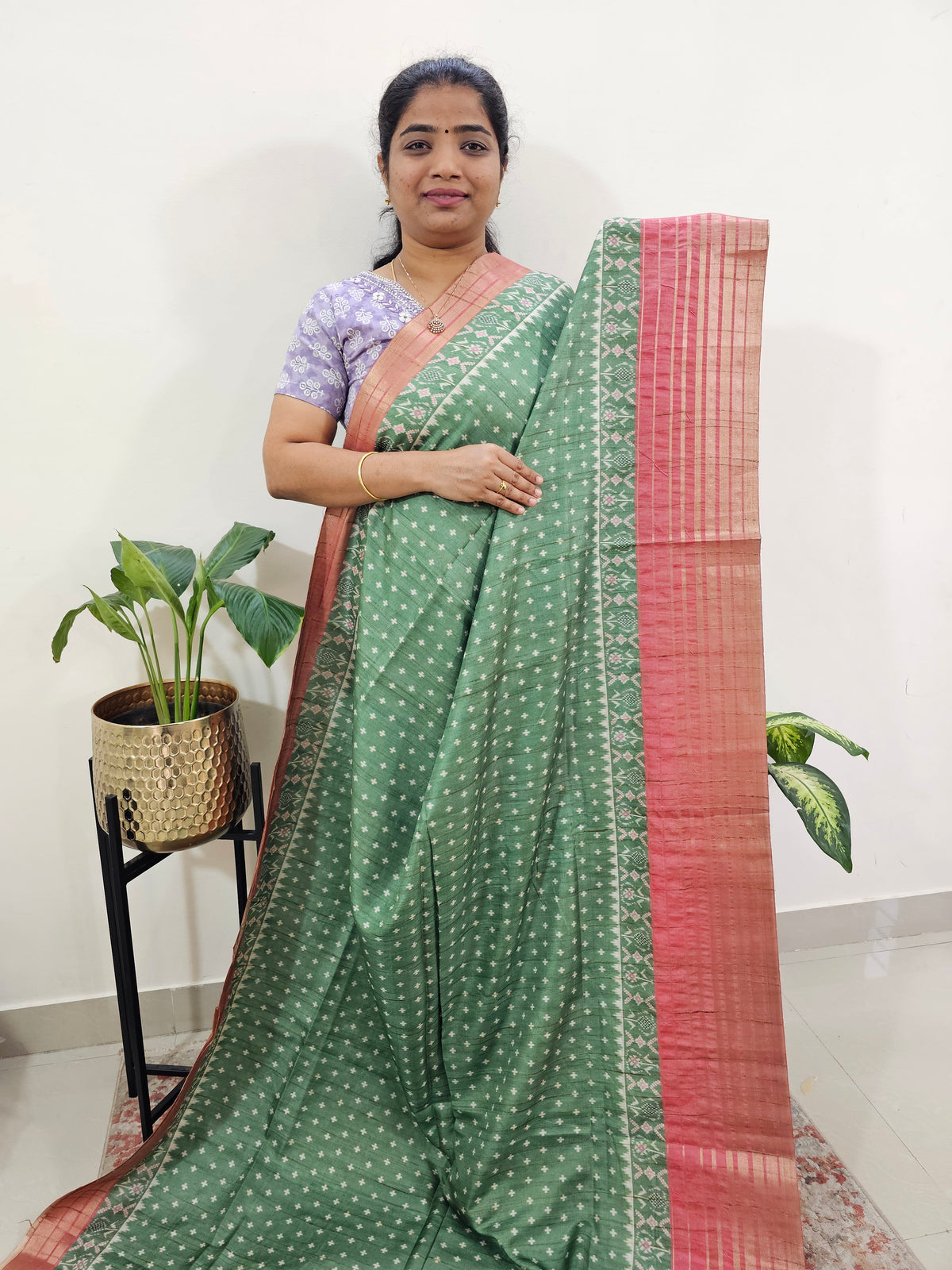 Semi Tussar with Digital Printed Saree - Green with Peach