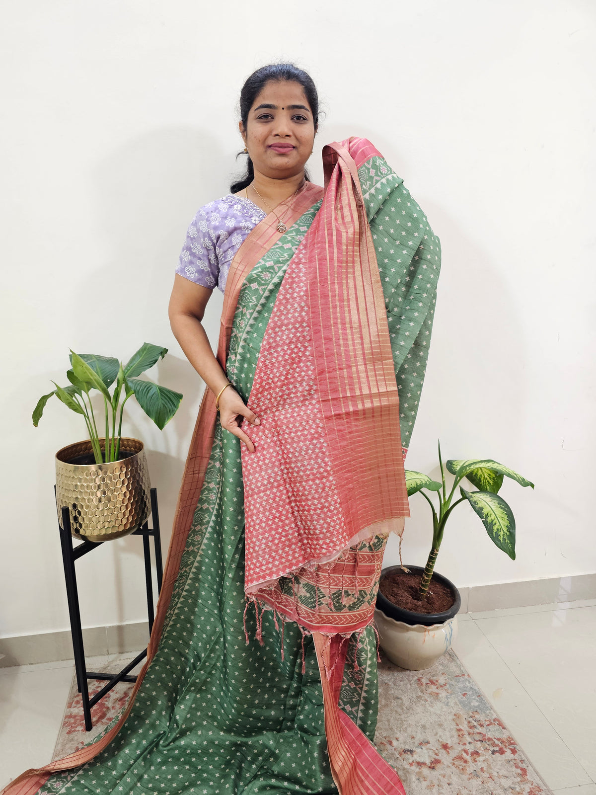 Semi Tussar with Digital Printed Saree - Green with Peach