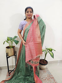 Semi Tussar with Digital Printed Saree - Green with Peach