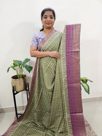 Semi Tussar with Digital Printed Saree - Green with Magenta Pink