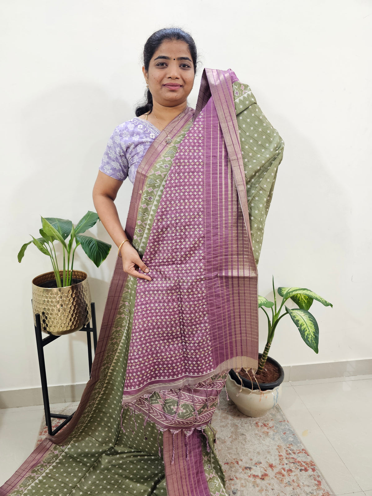 Semi Tussar with Digital Printed Saree - Green with Magenta Pink