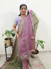 Semi Tussar with Digital Printed Saree - Green with Magenta Pink