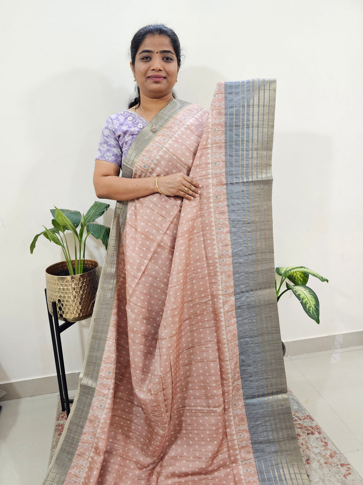 Semi Tussar with Digital Printed Saree - Peach with Grey