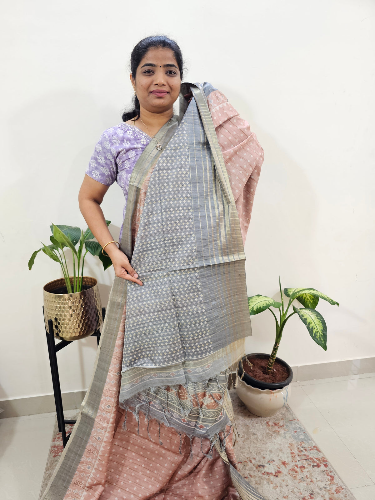 Semi Tussar with Digital Printed Saree - Peach with Grey