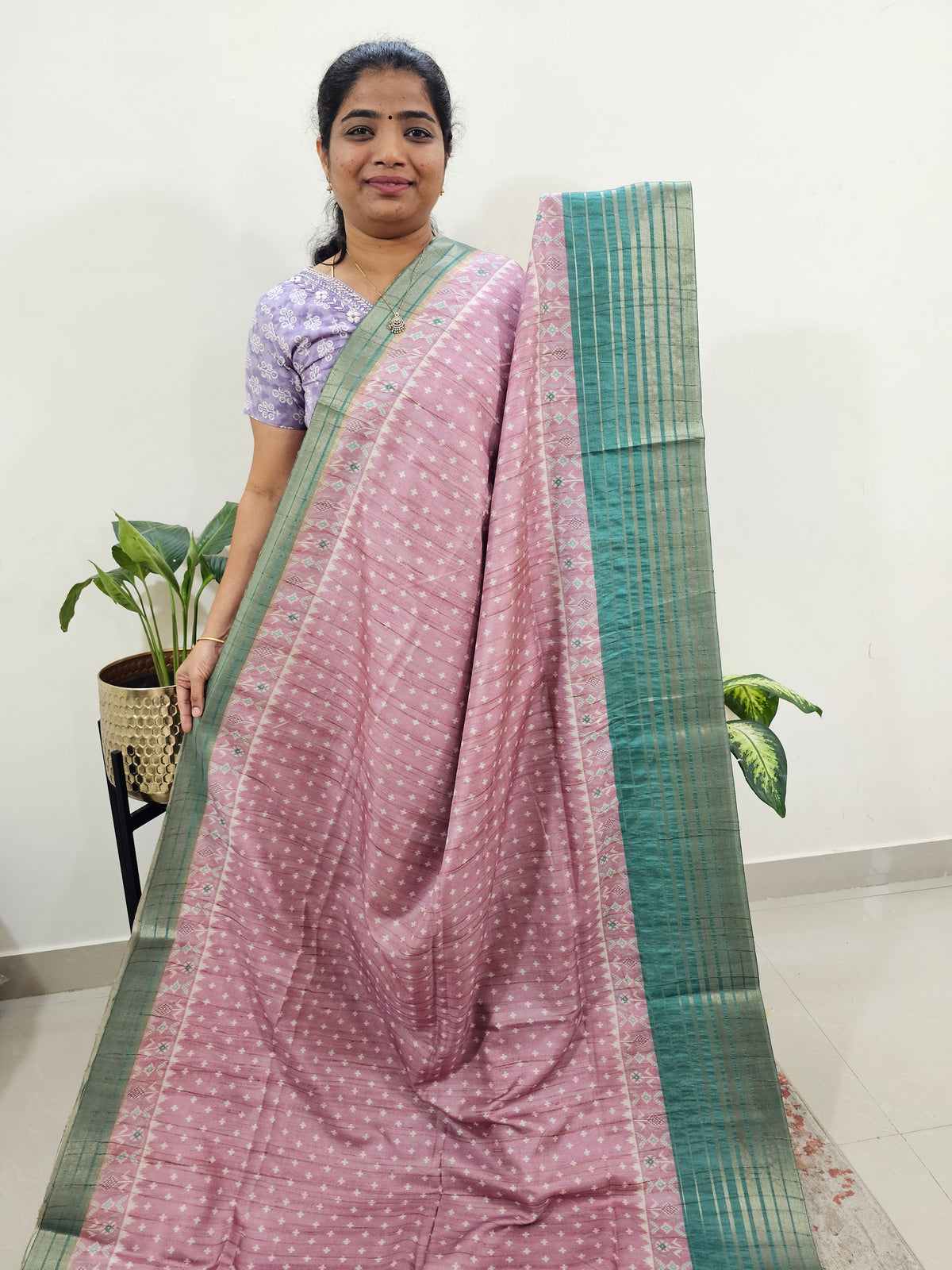 Semi Tussar with Digital Printed Saree - Pink with Green