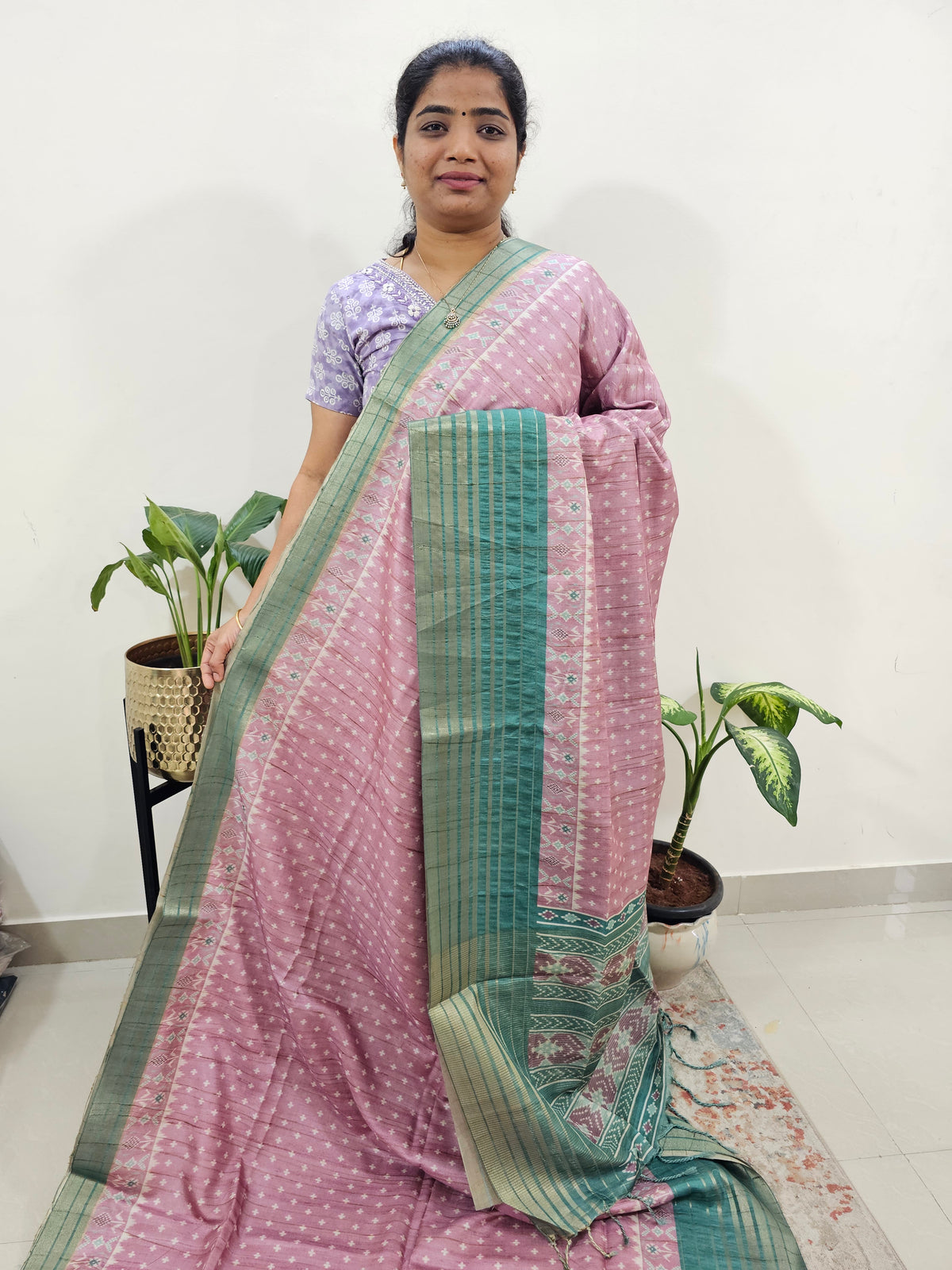 Semi Tussar with Digital Printed Saree - Pink with Green