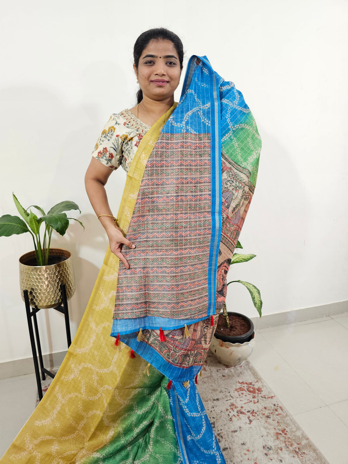 Chanderi Saree with Zari Border - Yellow with Blue