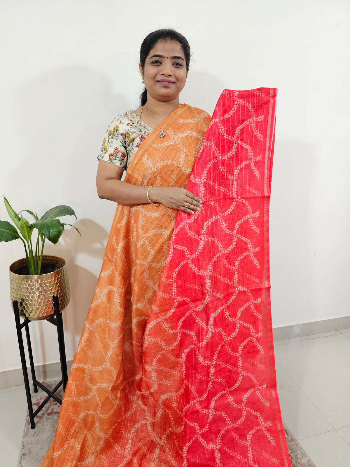Chanderi Saree with Zari Border - Orange with Red