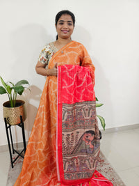 Chanderi Saree with Zari Border - Orange with Red