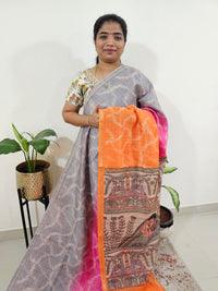 Chanderi Saree with Zari Border - Grey with Orange