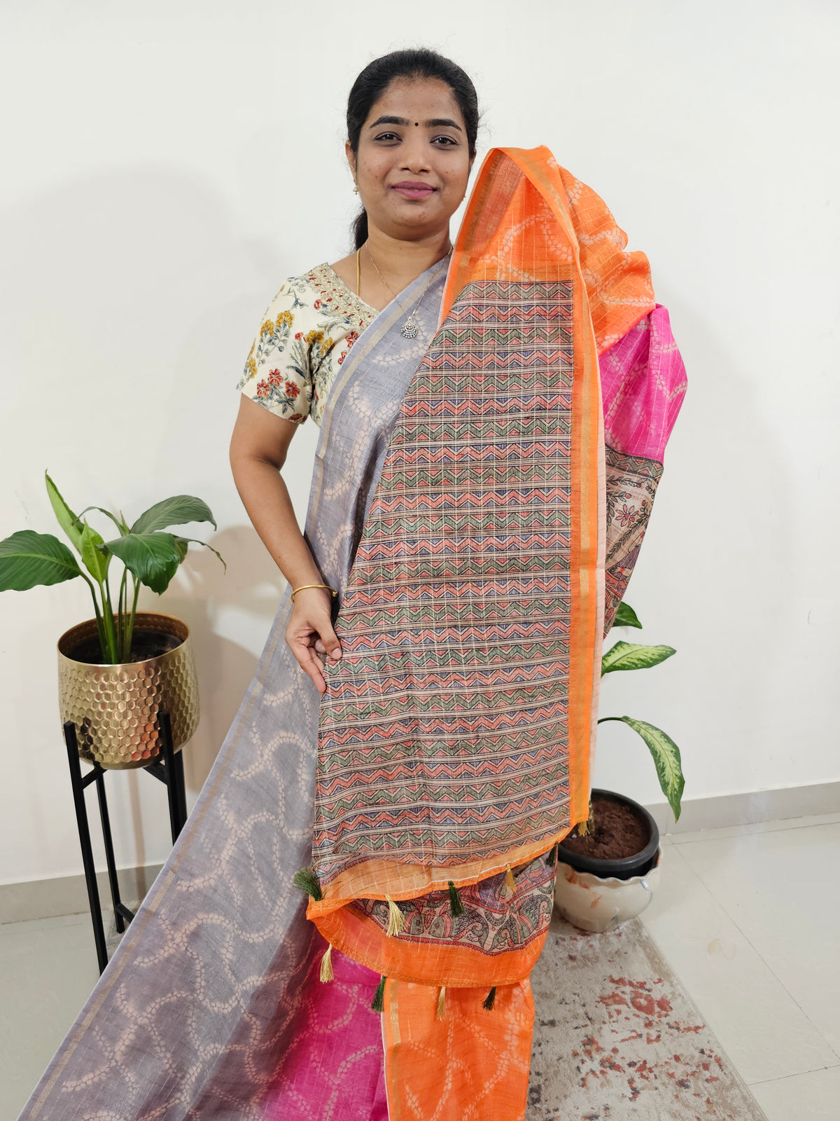 Chanderi Saree with Zari Border - Grey with Orange