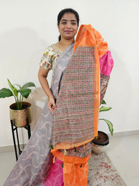 Chanderi Saree with Zari Border - Grey with Orange