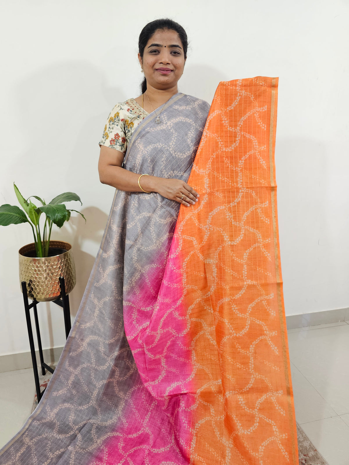 Chanderi Saree with Zari Border - Grey with Orange