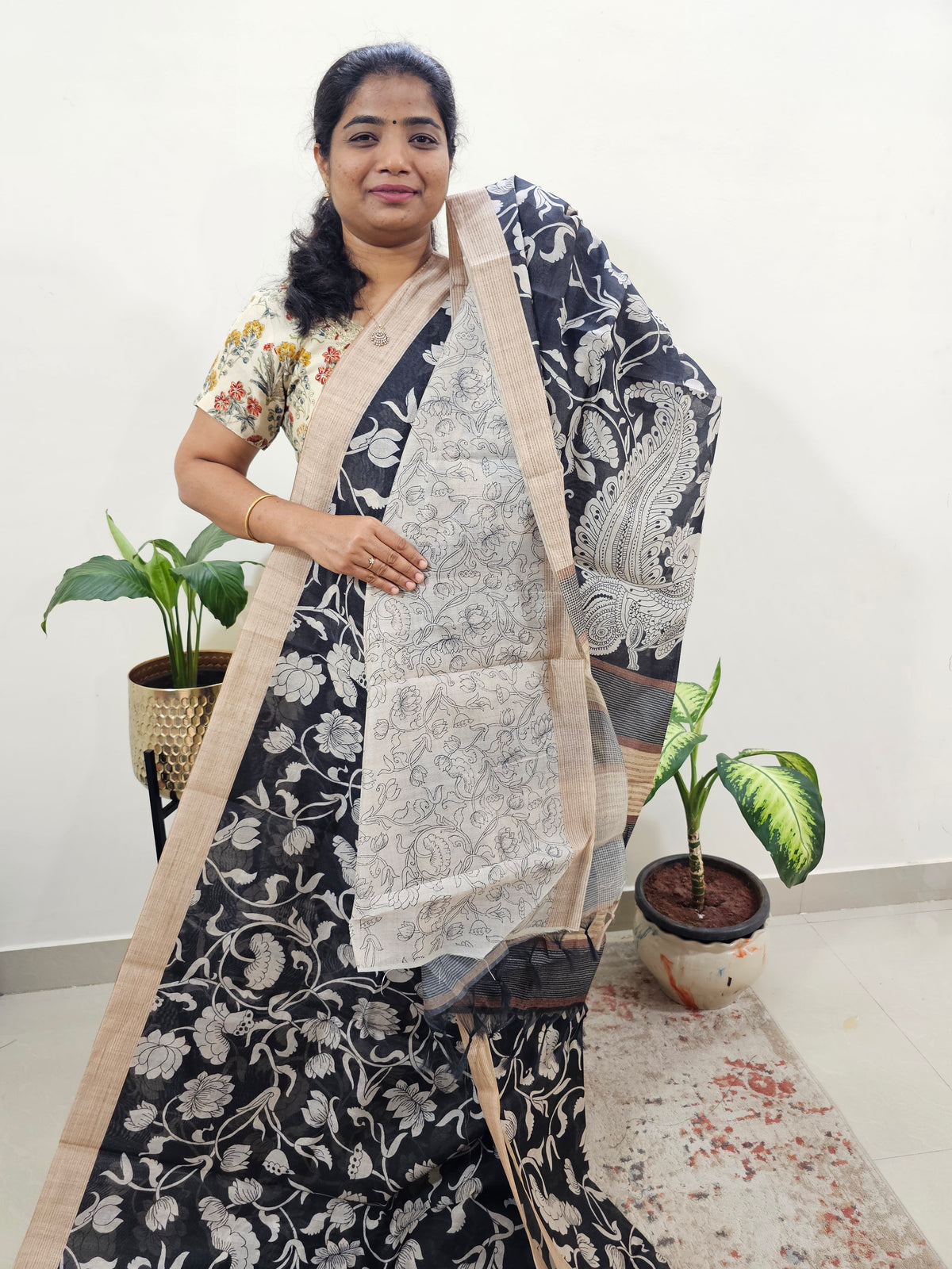 Semi Chanderi Saree  - Black