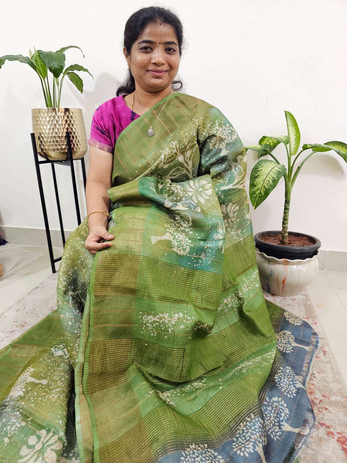 Pure Tussar Silk with Zari Checks  - Green Shade