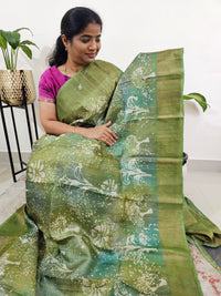 Pure Tussar Silk with Zari Checks  - Green Shade