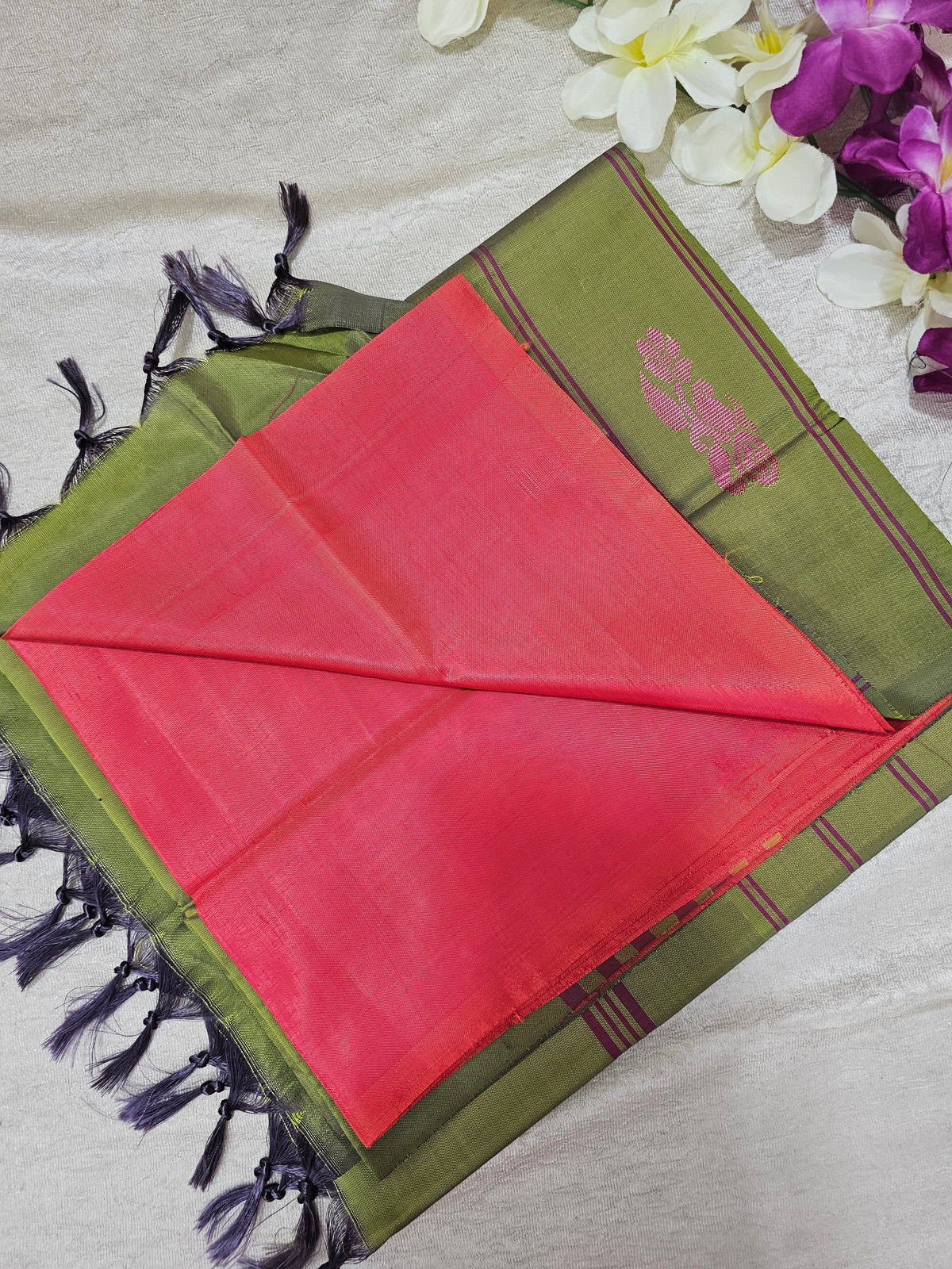 Chinnalampattu Saree - Dual Shade Orange Cum Pink with Green