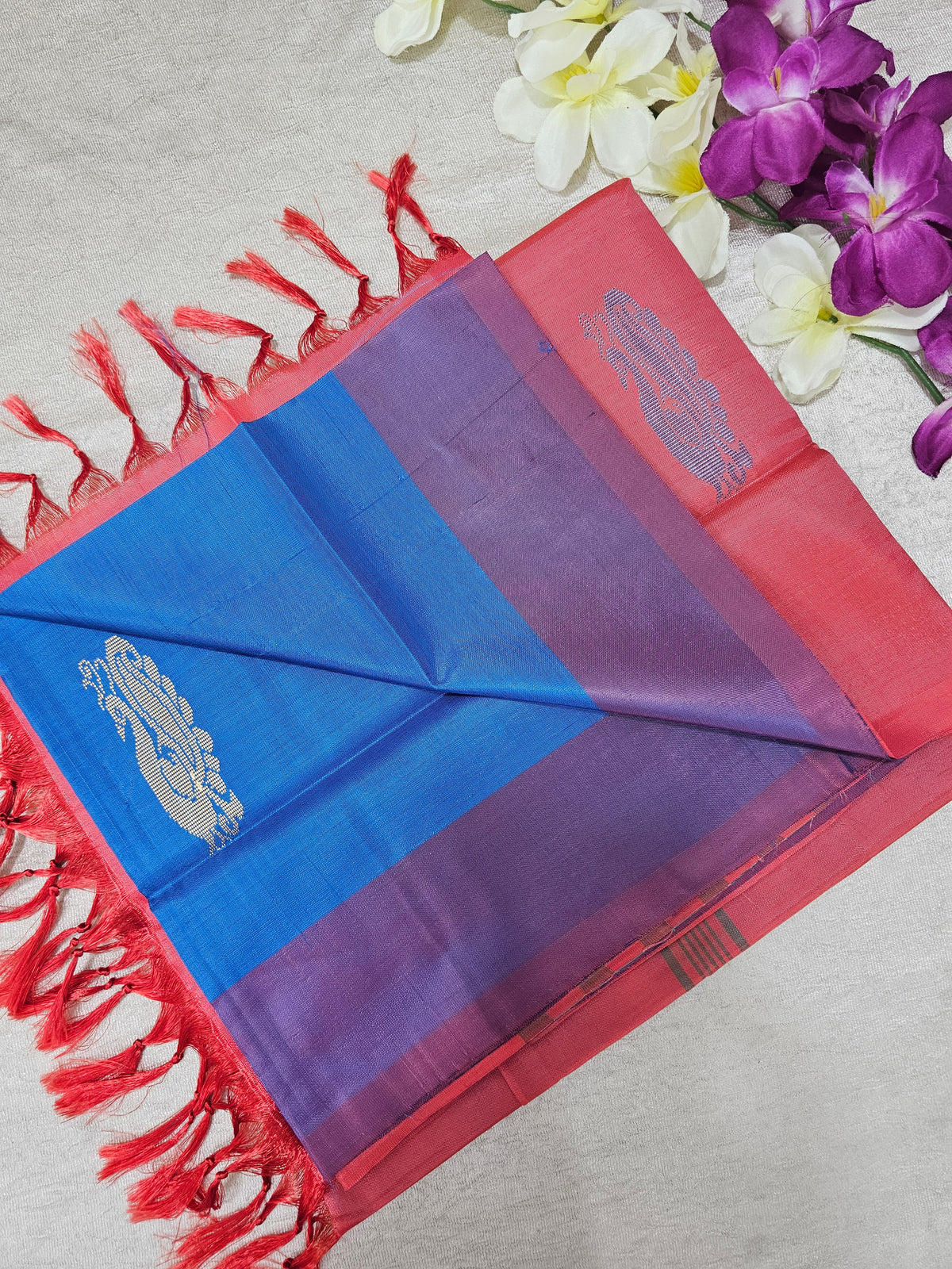 Chinnalampattu Saree - Blue with Peachish Red