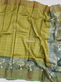 Pure Tussar Silk with Zari Checks  - Green Shade
