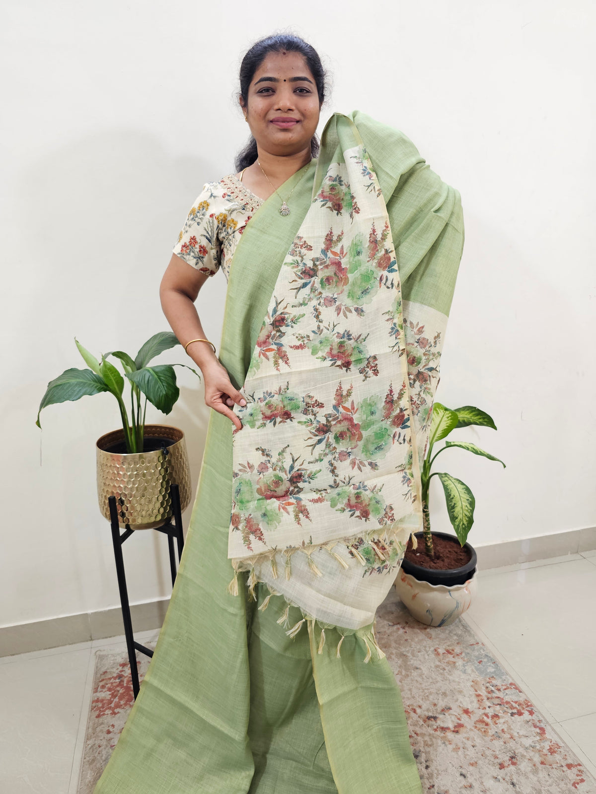 Linen Tissue with Digital Printed Sarees - Green