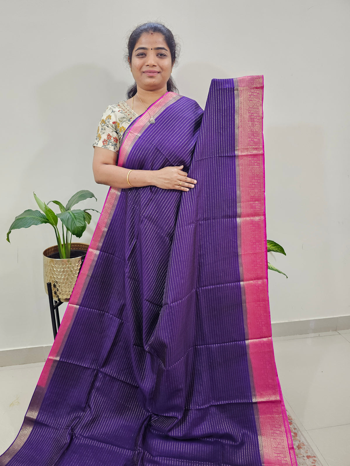 Semi Kathan Silk Saree - Purple with Pink