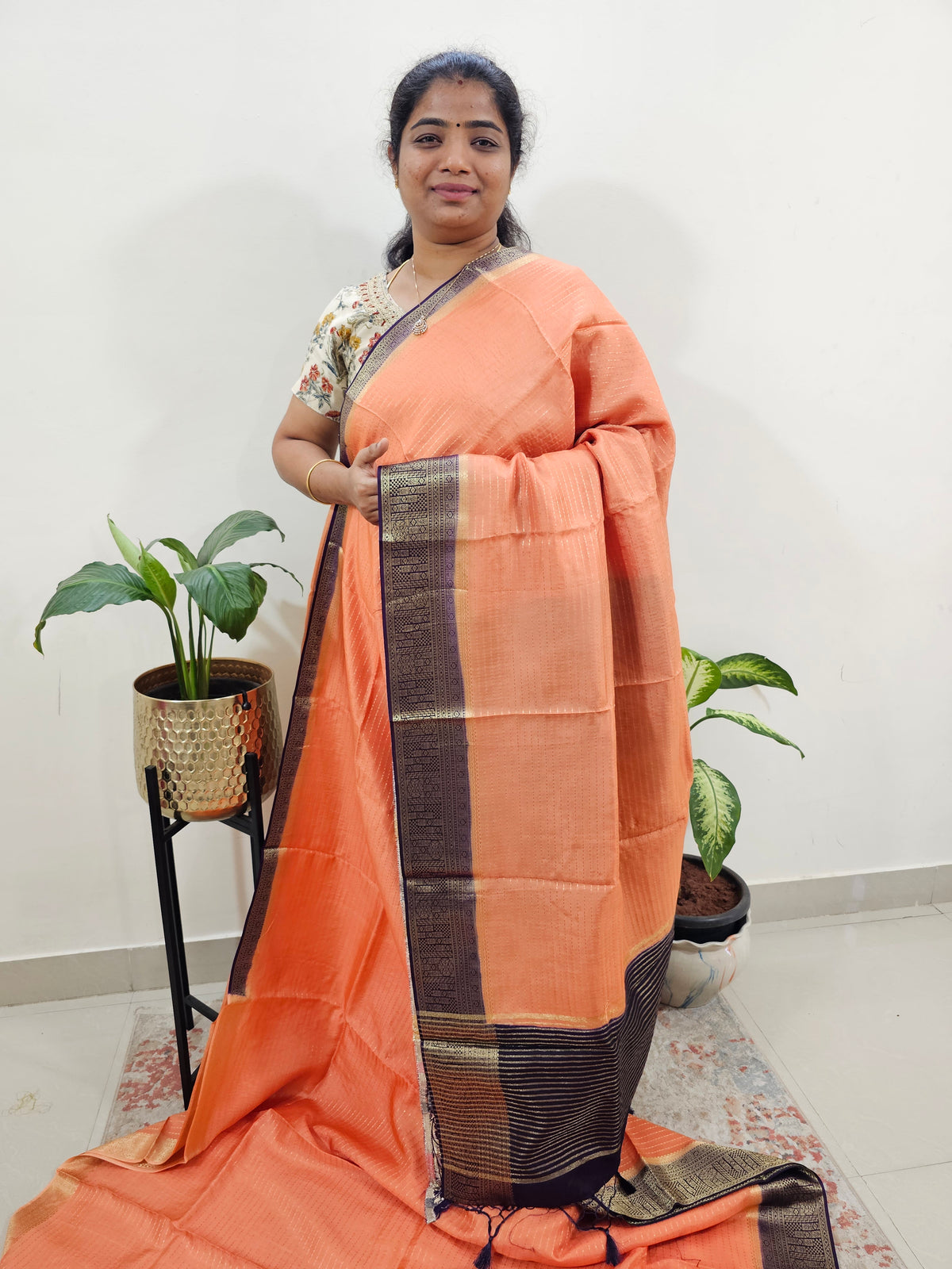 Semi Katna Silk Saree - Peach with Violet