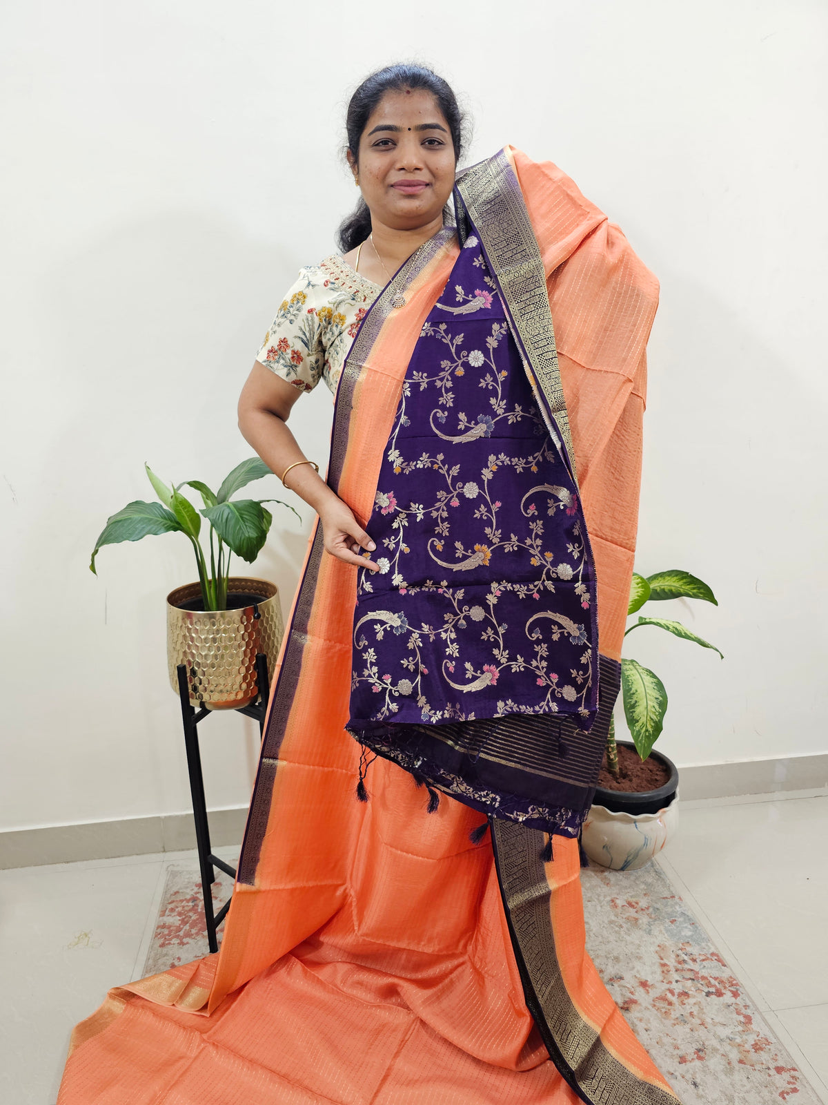 Semi Katna Silk Saree - Peach with Violet