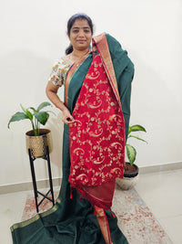 Semi Katna Silk Saree - Green with Red