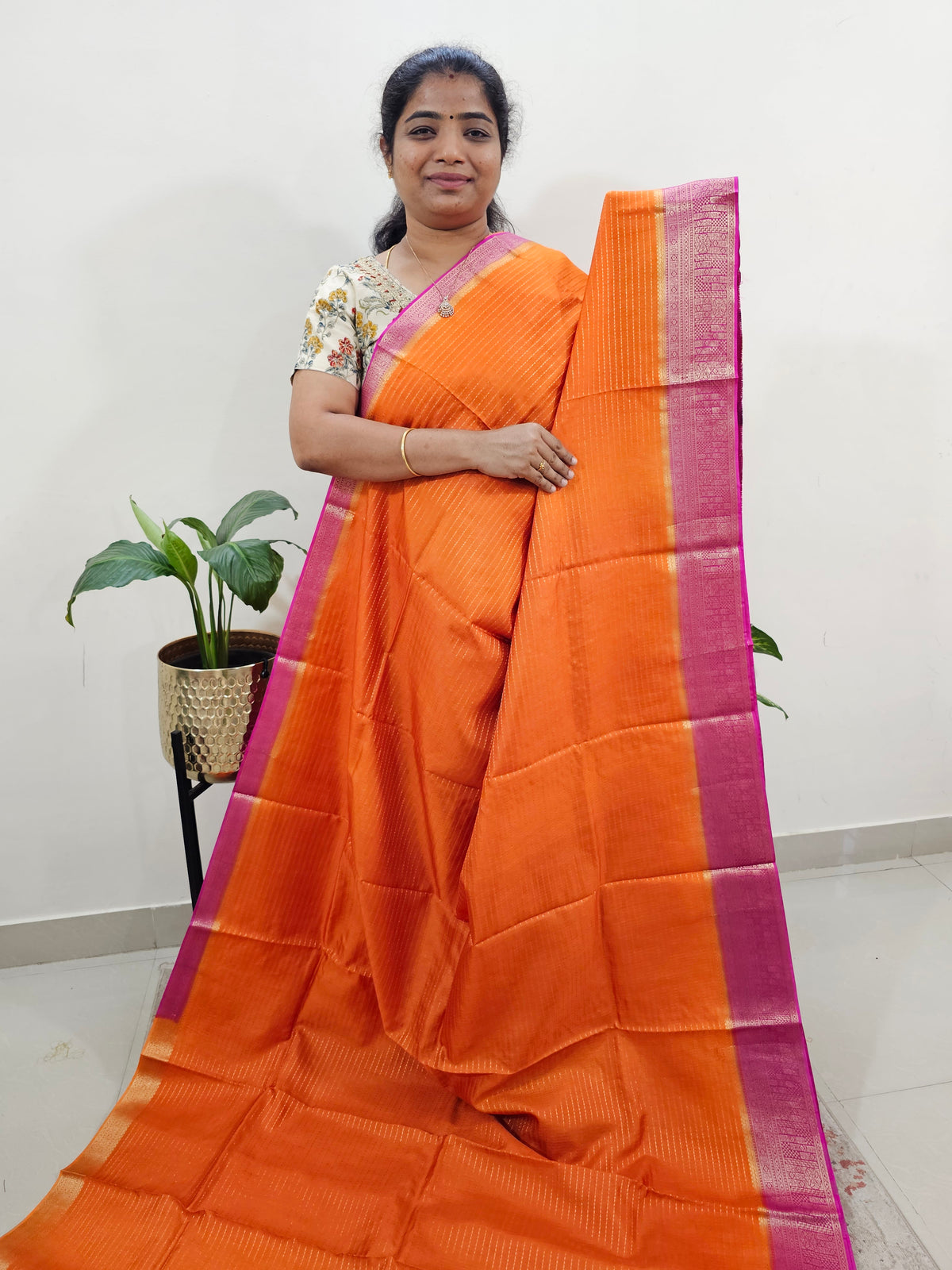 Semi Katna Silk Saree - Orange with Pink