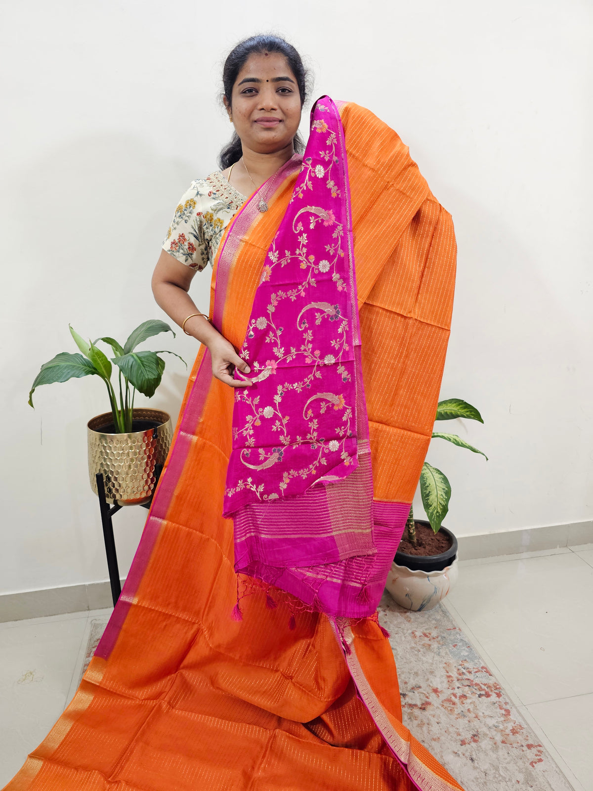 Semi Katna Silk Saree - Orange with Pink