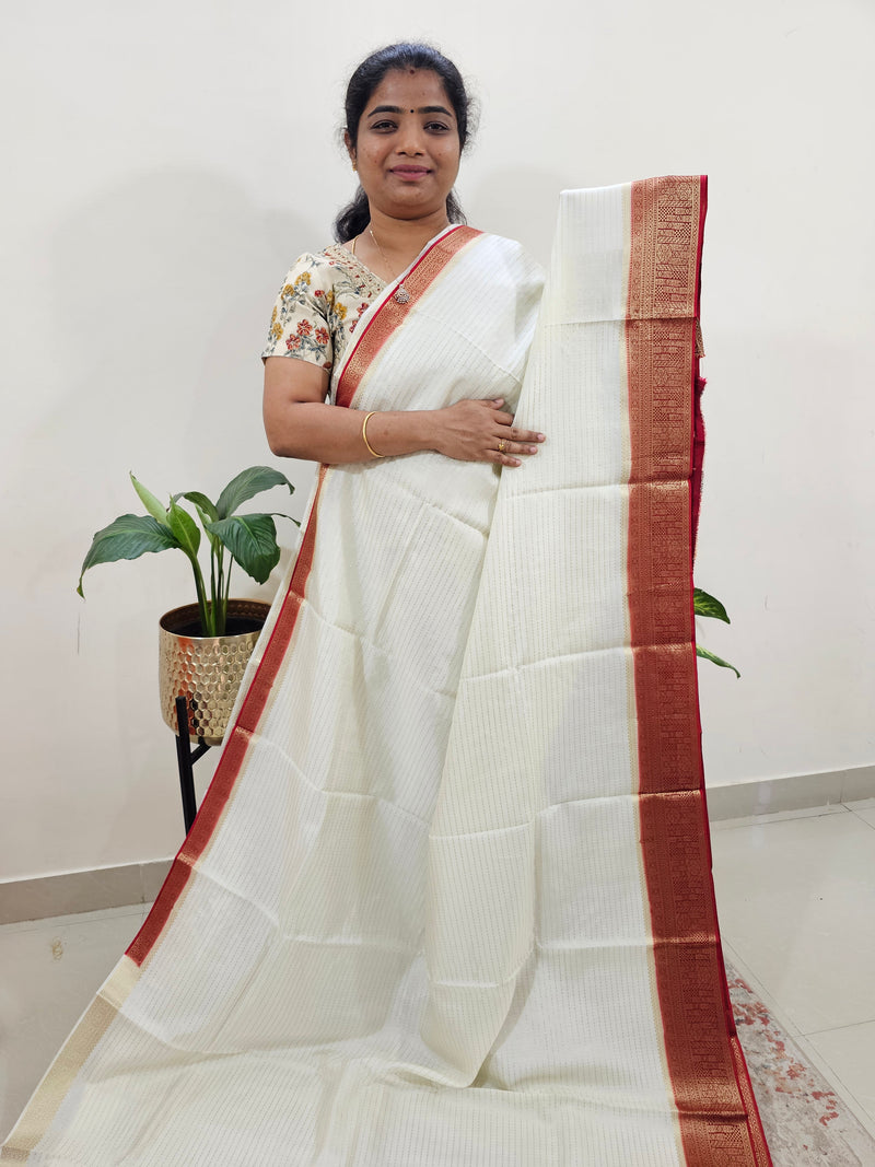 Semi Katna Silk Saree - White with Red