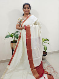 Semi Katna Silk Saree - White with Red