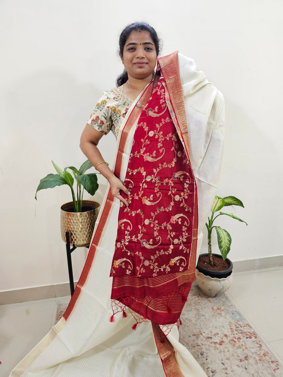 Semi Katna Silk Saree - White with Red