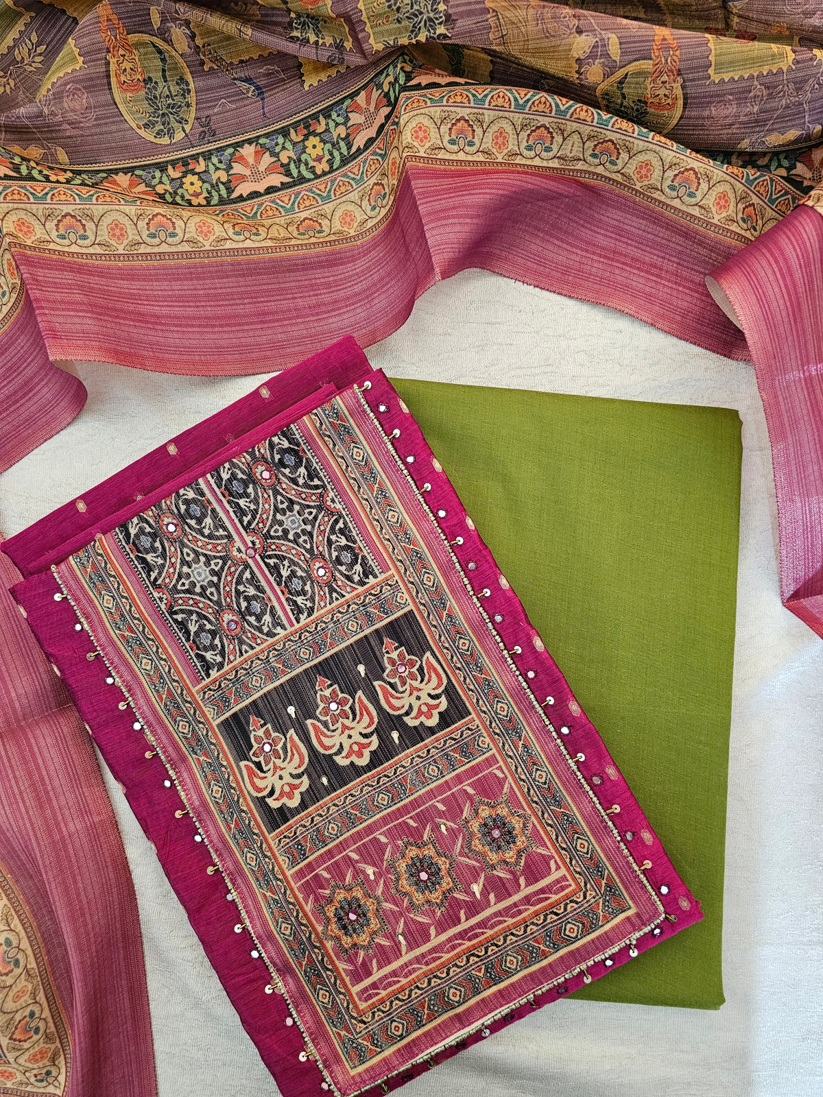 Semi Tussar Silk Unstitched Salwar - Magenta Pink with Green