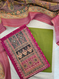 Semi Tussar Silk Unstitched Salwar - Magenta Pink with Green