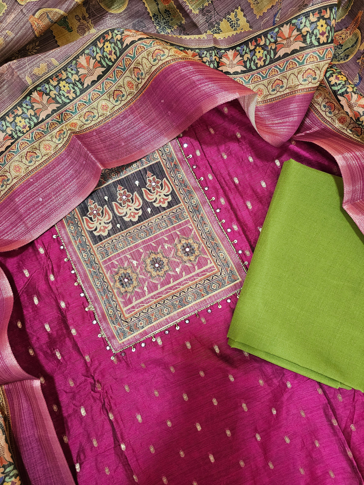Semi Tussar Silk Unstitched Salwar - Magenta Pink with Green