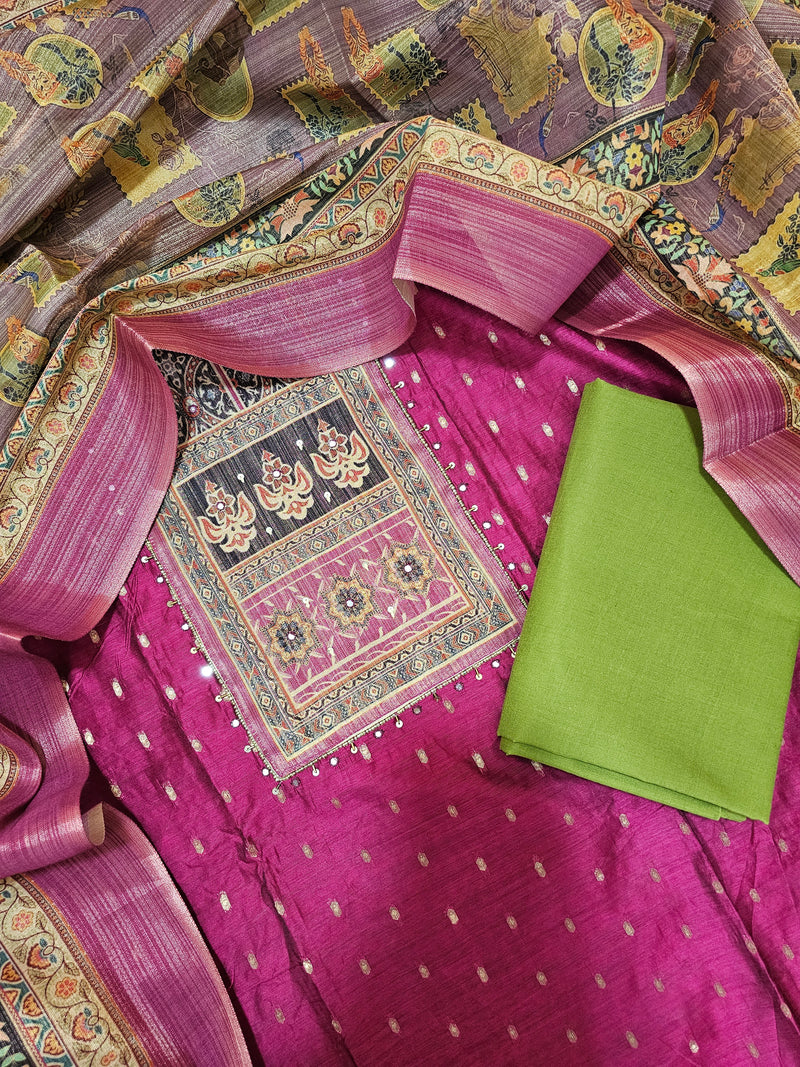 Semi Tussar Silk Unstitched Salwar - Magenta Pink with Green