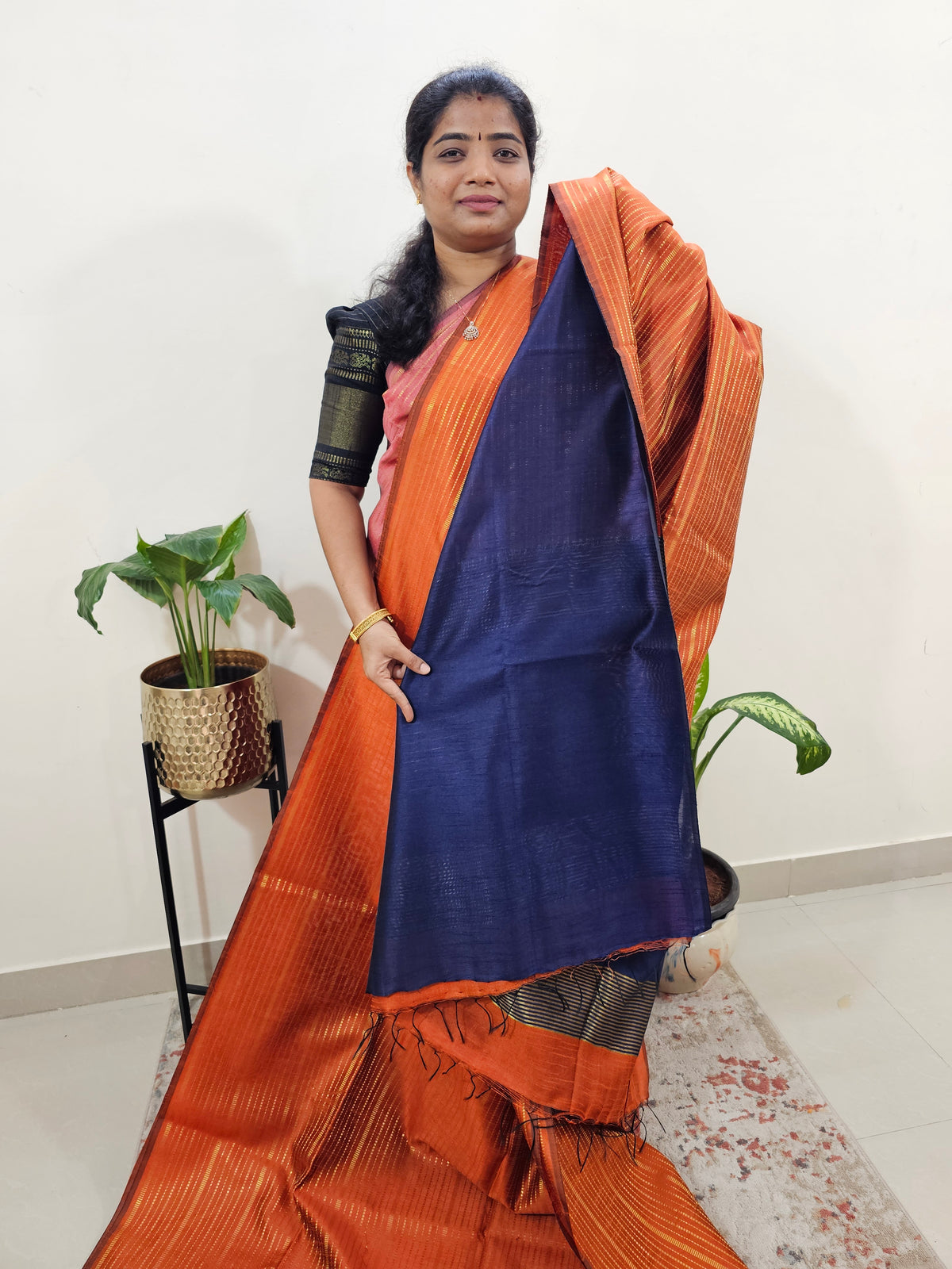 Semi Raw Silk Saree - Orange with Dark Blue