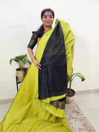 Semi Raw Silk Saree - Lime Yellow with Black